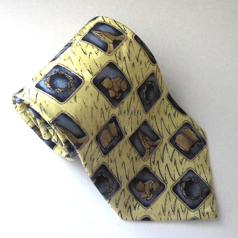 Eagles Wings 100% Silk Tie Praying Hands Open Bible Crown of Thorns Chalise EUC